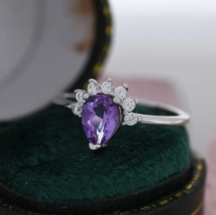 Genuine Pear Cut Amethyst Crown Ring in Sterling Silver, Natural Amethyst CZ Ring, Vintage Inspired Design