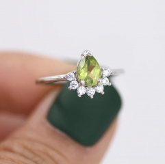 Genuine Pear Cut Peridot Crown Ring in Sterling Silver, Natural Peridot Crystal Ring, Vintage Inspired Design