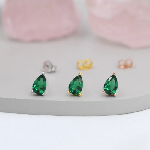 Sterling Silver Emerald Green Droplet Earrigns, Pear Cut Emerald Earrings, May Birthstone CZ Earrings, Silver, Gold or Rose Gold