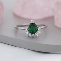 Pear Cut Emerald Green CZ Crown Ring in Sterling Silver, May Birthstone, Lab Emerald Ring, Vintage Inspired Design