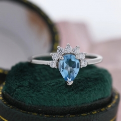 Genuine Pear Cut Swiss Blue Topaz Crown Ring in Sterling Silver, Natural Blue Topaz CZ Ring, Vintage Inspired Design