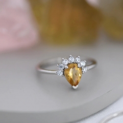 Genuine Pear Cut Citrine Crown Ring in Sterling Silver, Natural Yellow Citrine CZ Ring, Vintage Inspired Design