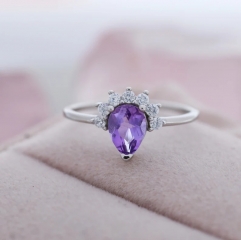 Genuine Pear Cut Amethyst Crown Ring in Sterling Silver, Natural Amethyst CZ Ring, Vintage Inspired Design