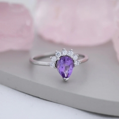 Genuine Pear Cut Amethyst Crown Ring in Sterling Silver, Natural Amethyst CZ Ring, Vintage Inspired Design