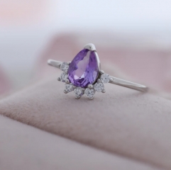 Genuine Pear Cut Amethyst Crown Ring in Sterling Silver, Natural Amethyst CZ Ring, Vintage Inspired Design