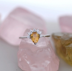 Genuine Pear Cut Citrine Crown Ring in Sterling Silver, Natural Yellow Citrine CZ Ring, Vintage Inspired Design