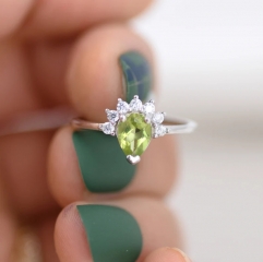 Genuine Pear Cut Peridot Crown Ring in Sterling Silver, Natural Peridot Crystal Ring, Vintage Inspired Design