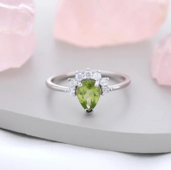 Genuine Pear Cut Peridot Crown Ring in Sterling Silver, Natural Peridot Crystal Ring, Vintage Inspired Design