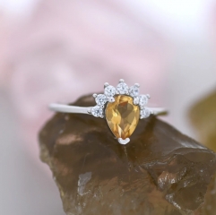 Genuine Pear Cut Citrine Crown Ring in Sterling Silver, Natural Yellow Citrine CZ Ring, Vintage Inspired Design