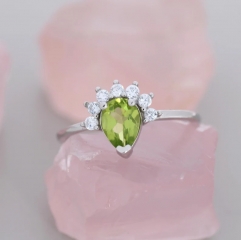 Genuine Pear Cut Peridot Crown Ring in Sterling Silver, Natural Peridot Crystal Ring, Vintage Inspired Design