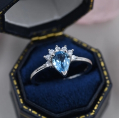 Genuine Pear Cut Swiss Blue Topaz Crown Ring in Sterling Silver, Natural Blue Topaz CZ Ring, Vintage Inspired Design