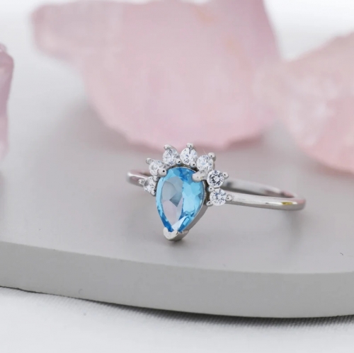 Genuine Pear Cut Swiss Blue Topaz Crown Ring in Sterling Silver, Natural Blue Topaz CZ Ring, Vintage Inspired Design