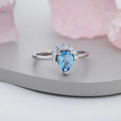 Genuine Pear Cut Swiss Blue Topaz Crown Ring in Sterling Silver, Natural Blue Topaz CZ Ring, Vintage Inspired Design