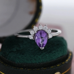 Genuine Pear Cut Amethyst Crown Ring in Sterling Silver, Natural Amethyst CZ Ring, Vintage Inspired Design