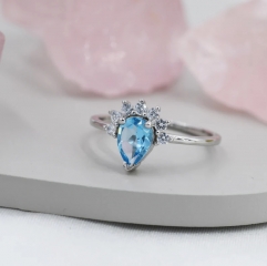 Genuine Pear Cut Swiss Blue Topaz Crown Ring in Sterling Silver, Natural Blue Topaz CZ Ring, Vintage Inspired Design