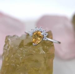 Genuine Pear Cut Citrine Crown Ring in Sterling Silver, Natural Yellow Citrine CZ Ring, Vintage Inspired Design