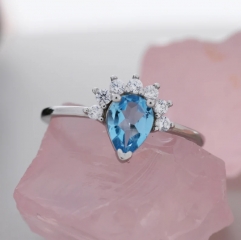 Genuine Pear Cut Swiss Blue Topaz Crown Ring in Sterling Silver, Natural Blue Topaz CZ Ring, Vintage Inspired Design