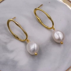 Sterling Silver Irregular Hoop Drop Stud Earrings with Baroque Pearls, Genuine Freshwater Pearls18ct Gold Plated Silver