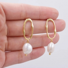 Sterling Silver Irregular Hoop Drop Stud Earrings with Baroque Pearls, Genuine Freshwater Pearls18ct Gold Plated Silver