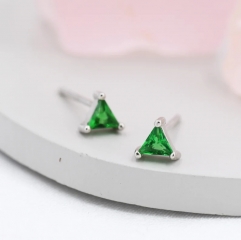 Emerald Green CZ Triangle Stud Earrings in Sterling Silver, Silver or Gold, Dainty Earrings, Stacking Earrings, CZ Crystal Stud