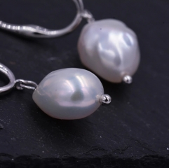 Sterling Silver Irregular Hoop Drop Stud Earrings with Baroque Pearls, Genuine Freshwater Pearls18ct Gold Plated Silver