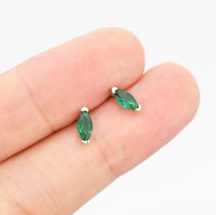 Sterling Silver Emerad Green Marquise Stud Earrings, Simulated Emerald Crystal, Minimalist Geometric Design, Birthstone