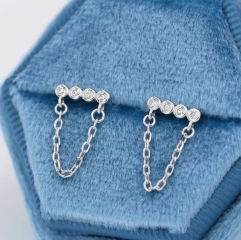 CZ Horizontal Bar Chained Stud Earrings in Sterling Silver, Silver, Gold or Rose Gold, Dangle Chain Earrings, Single Piercing