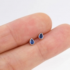 Tiny Sapphire Blue Droplet Stud Earrings in Sterling Silver, Pear Cut CZ Stud Extra Tiny, Stacking Earrings