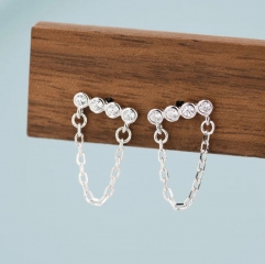 CZ Horizontal Bar Chained Stud Earrings in Sterling Silver, Silver, Gold or Rose Gold, Dangle Chain Earrings, Single Piercing