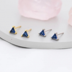 Sapphire Blue CZ triangle Stud Earrings in Sterling Silver, Silver or Gold, Dainty Earrings, Stacking Earrings, CZ Crystal Stud