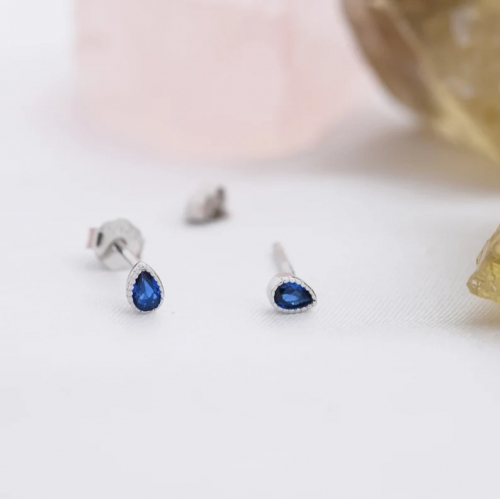 Tiny Sapphire Blue Droplet Stud Earrings in Sterling Silver, Pear Cut CZ Stud Extra Tiny, Stacking Earrings