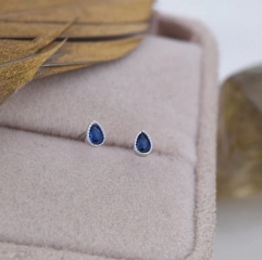 Tiny Sapphire Blue Droplet Stud Earrings in Sterling Silver, Pear Cut CZ Stud Extra Tiny, Stacking Earrings