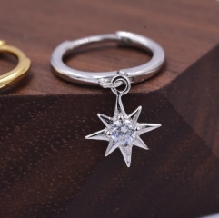 Starburst Huggie Hoop Earrings in Sterling Silver with Dangling Star Burst Charms, Single CZCelestial Geometric Design