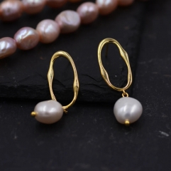 Sterling Silver Irregular Hoop Drop Stud Earrings with Baroque Pearls, Genuine Freshwater Pearls18ct Gold Plated Silver