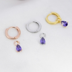 Sterling Silver Amethyst Purple CZ Droplet Hoop Earrings, Silver, Gold or Rose Gold, Pear Cut Drop Earrings, Interchangeable Charms