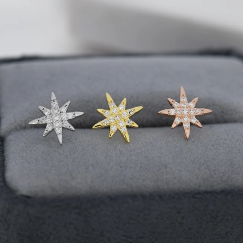 Starburst Stud Earrings in Sterling Silver with Sparkly CZ Crystals, North Star Earrings, Silver Gold and Rose Gold, Celestial Jewellery