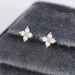 CZ Flower Stud Earrings in Sterling Silver, Rose Gold Over Sterling Silver, Hydrangea Flower Earrings, Four CZ Earrings