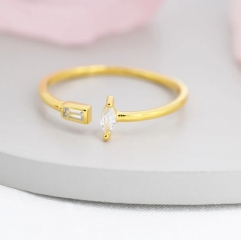 CZ Marquise and Baguette Open Ring in Sterling Silver, Silver or Gold, Adjustable, Geometric Minimalist CZ Ring