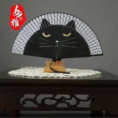 cat fan, cat styling fan, cartoon craft fan, retro court lace fan, high-end gift fan, silk luxury black folding fan, Japanese folding fan, bamboo hand