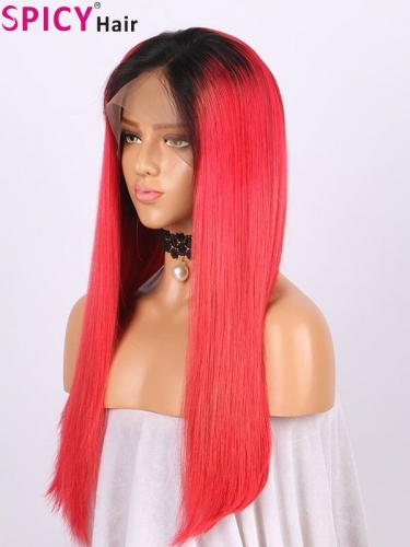 Spicyhair 150% density dark root red straight full lace wig
