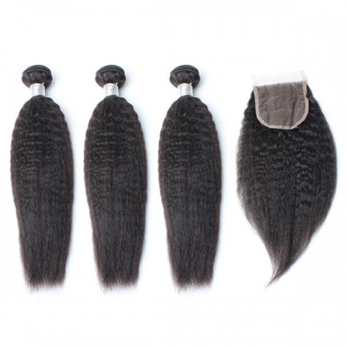 Spicyhair 3 kinkystraight Bundles with 1 piece 4×4 lace closure