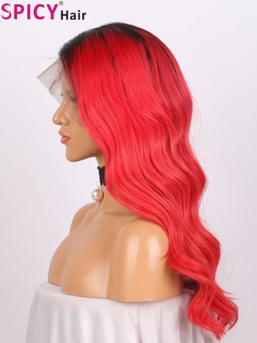 Spicyhair 150% density dark root red body wave lace front wig