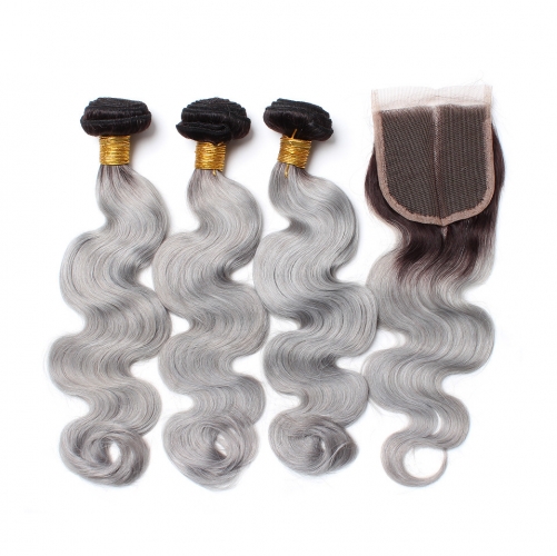 Spicyhair dark root grey color 3 bodywave Bundles with 1 piece 4×4 lace closure