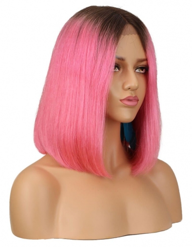 Spicyhair 180% density Lovely dark root pink color human hair straight bob lace front wig