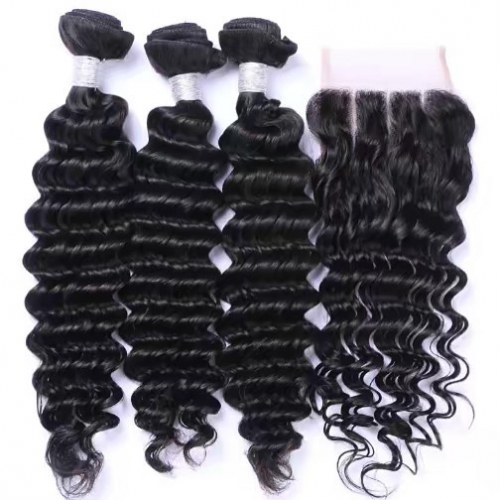 Spicyhair  100% human hair deepwave 3 Bundles with 1 piece 4×4 lace closure