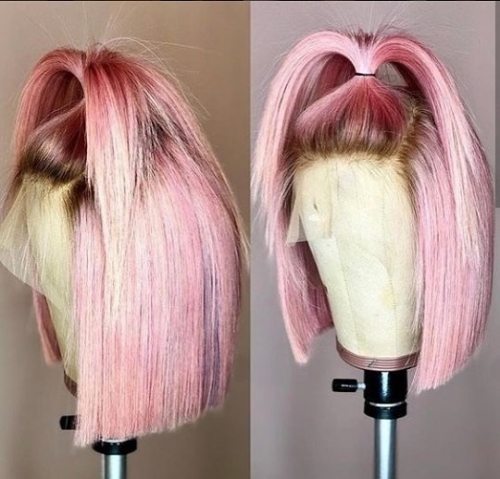 Spicyhair 180% density Lovely dark root pink color human hair straight bob lace front wig