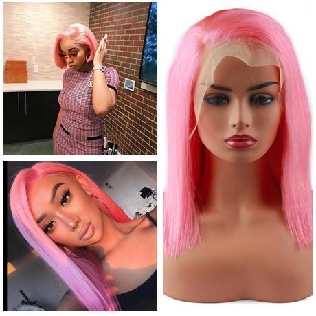 Spicyhair 180% density Popular blunt cut bob wig pink color straight bob lace front wig