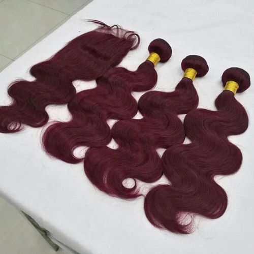 Spicyhair 12A 99J  color 3 Body WaveBundles with 1 piece 4×4 lace closure