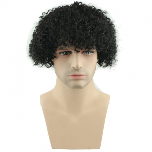 Afro Kinky Curly Short Wig 100% Brazilian Remy Human Hair 130% Density Short Wig Toupee Hairpiece for Men (Black)