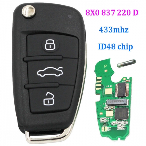 Uncut FLIP Remote Key fob 3 button 433MHz ID48 Chip for Audi A1 Q3 8X0 837 220D